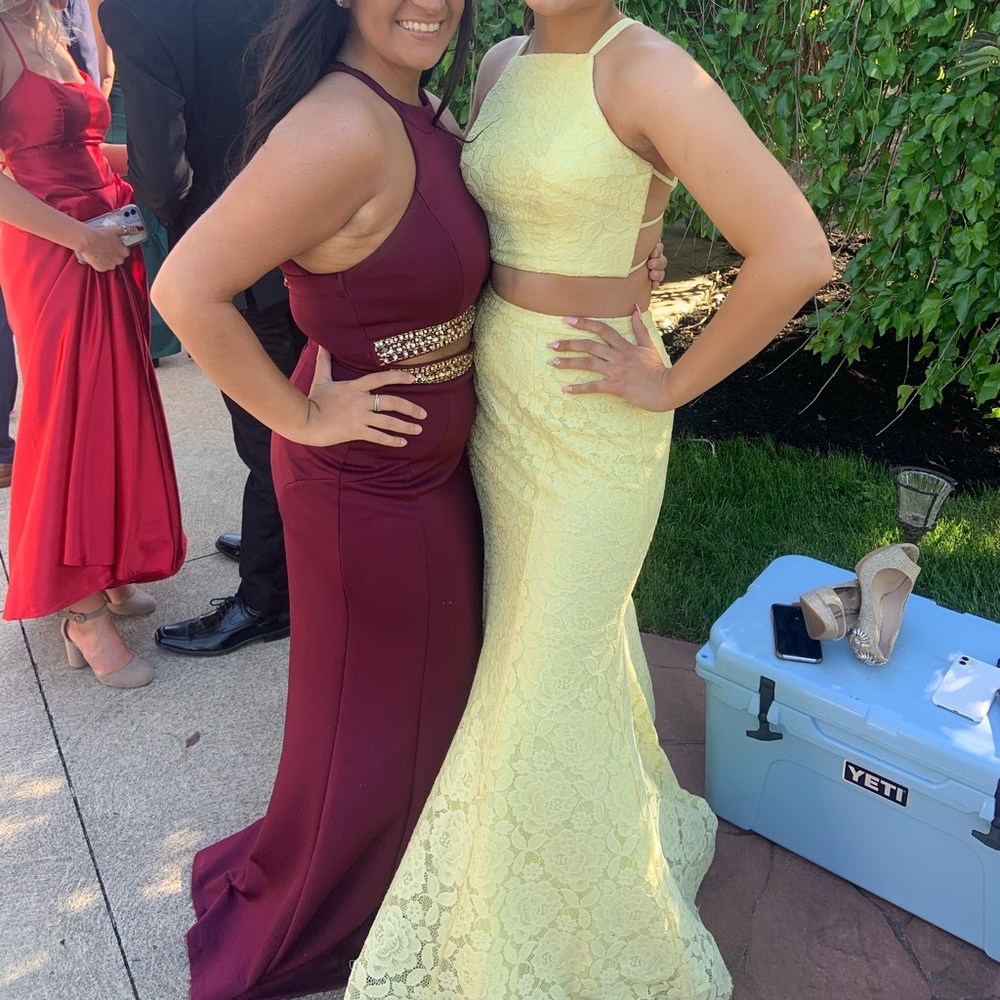 Pastel yellow lace prom dress